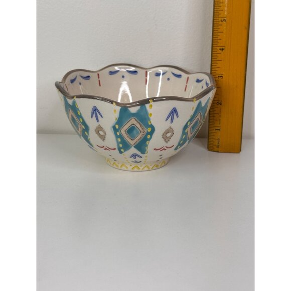 Set Of 4 Hand-Painted Southwest Aztec Boho Ceramic Bowls With Scalloped Edges - Picture 10 of 11